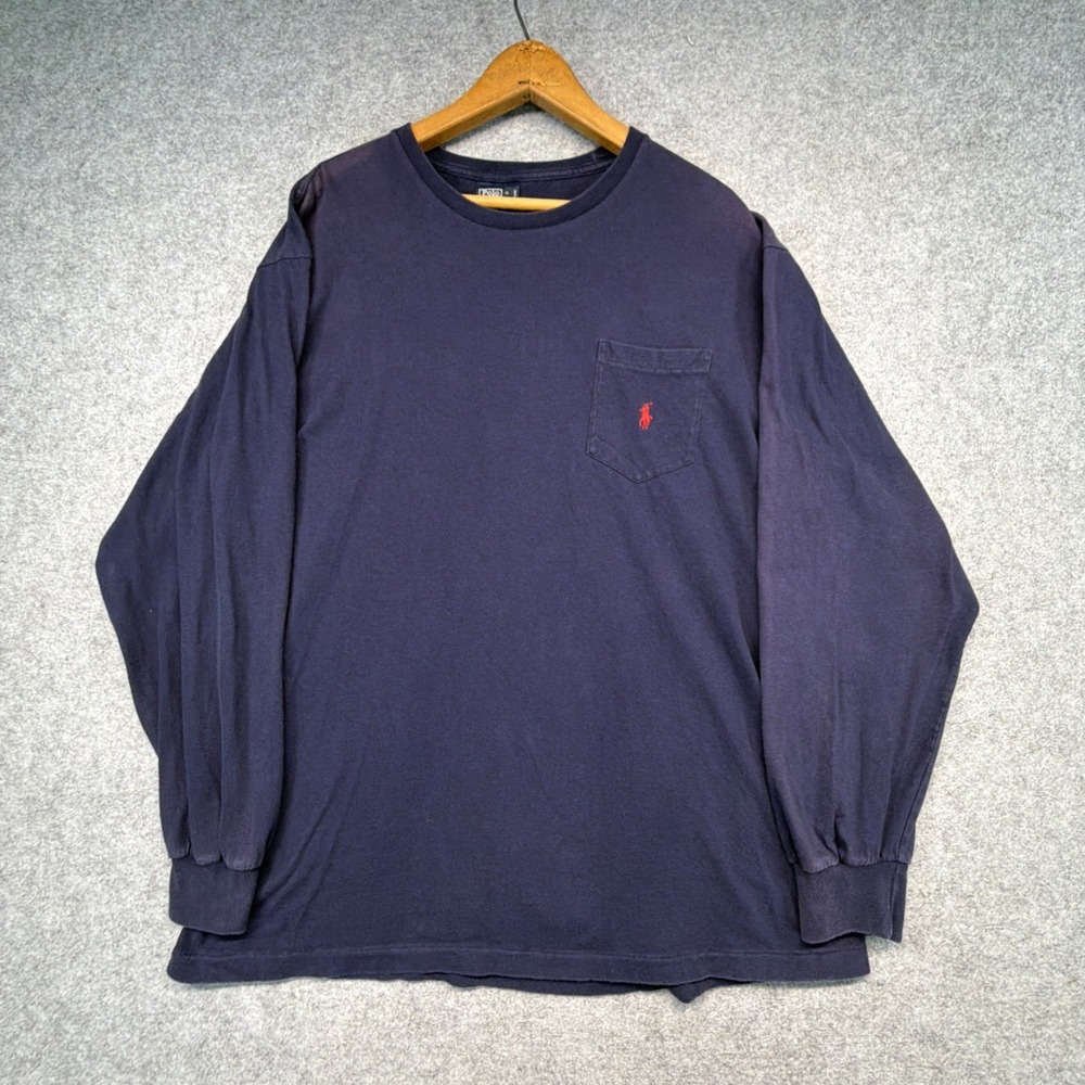 Vintage Polo Ralph Lauren T-Shirt Men L Blue Front Pocket Long Sleeve 90s